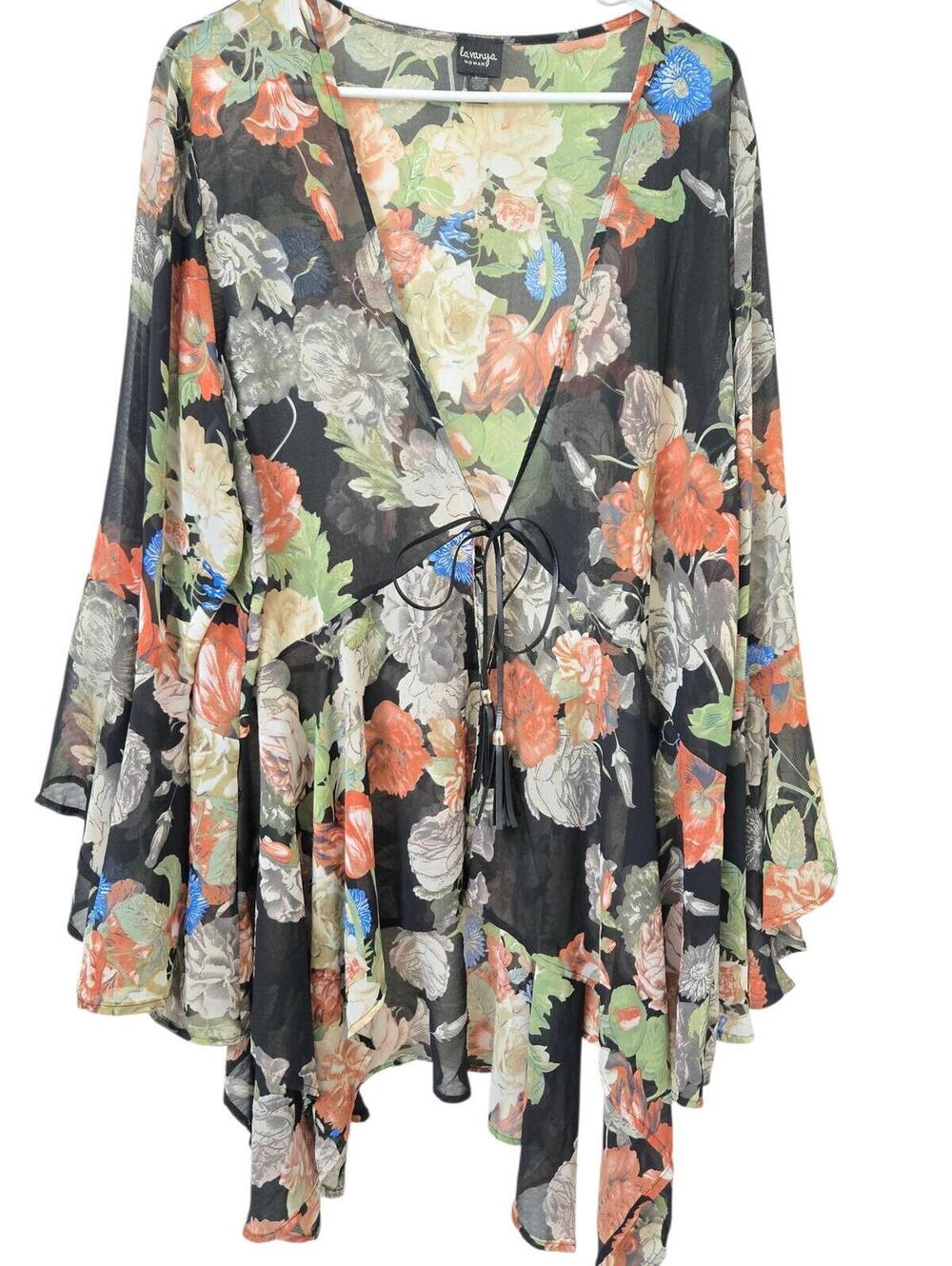 Lavanya Sheer Black Floral Kimono Blouse Tie-Front Tassel Bell Sleeve 3XL